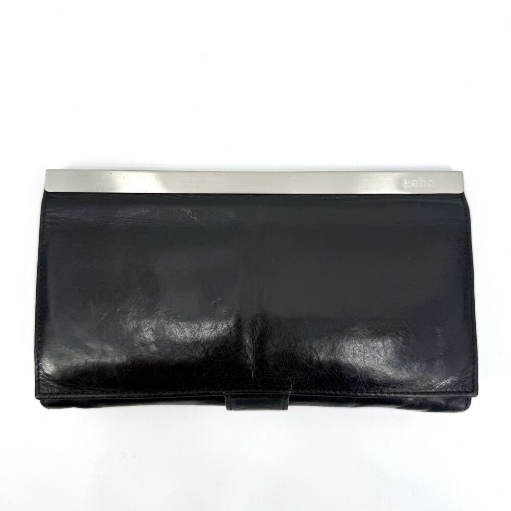 HOBO Black Leather Clutch with Silver Trim
